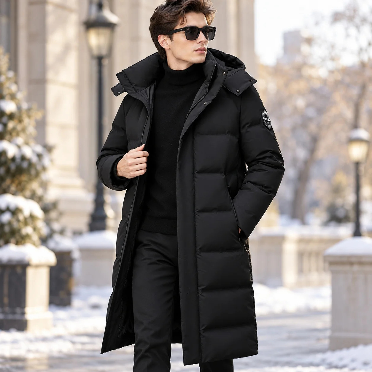 Hooded Zipper Coat Regular Fit with Front Warmth Retention Thick Daily Wear Collarless Long Length Winter for Men 261012