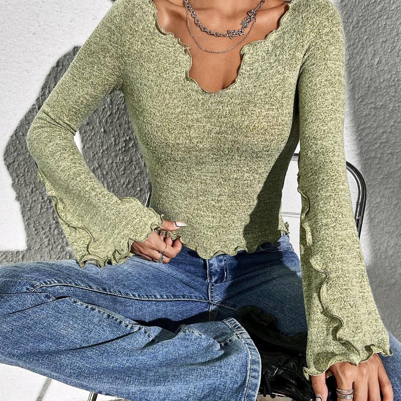 Women V Neck Lettuce Trim Long Sleeve Knit Top Slim Fit Flare Sleeve Y2K Style Casual Solid Color Slim Cropped Knitted Shirt