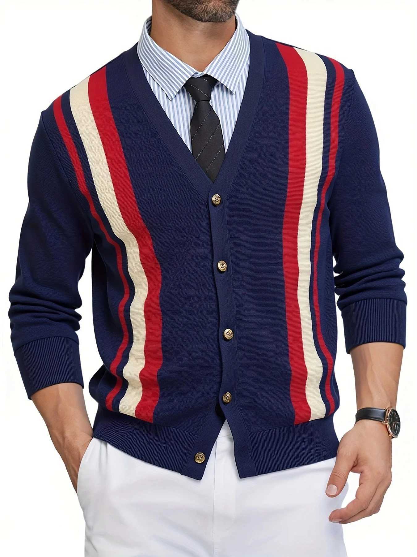 Mens Knit Polo Shirt for AutumnWinter Casual LongSve Cardigan Top Soft Fabric Garment Regular Fit Blue and White Striped Design Stripe Sweater Busin