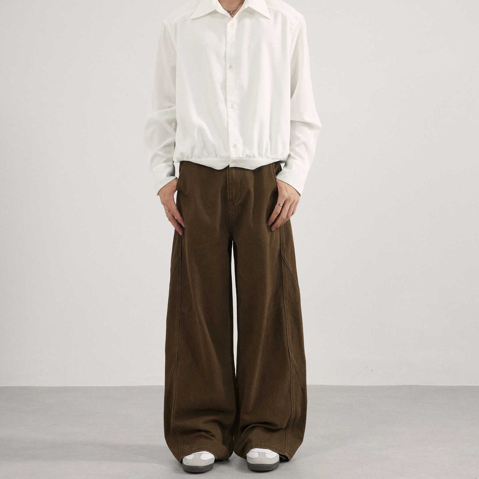 American-style retro dark brown wide-leg pants - deconstructed draping texture, distressed workwear casual pants, loose men's and women'