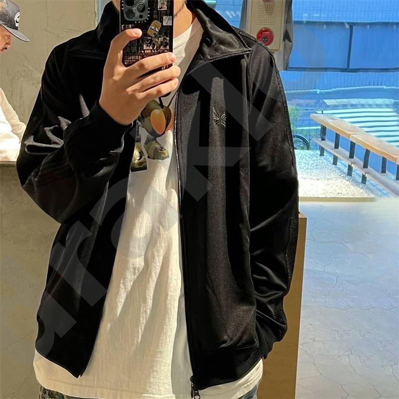 High-Quality Designer Japanese Retro Butterfly Embroidered Striped Sports Jacket, Black Stand Collar Zip Casual Unisex Jacket