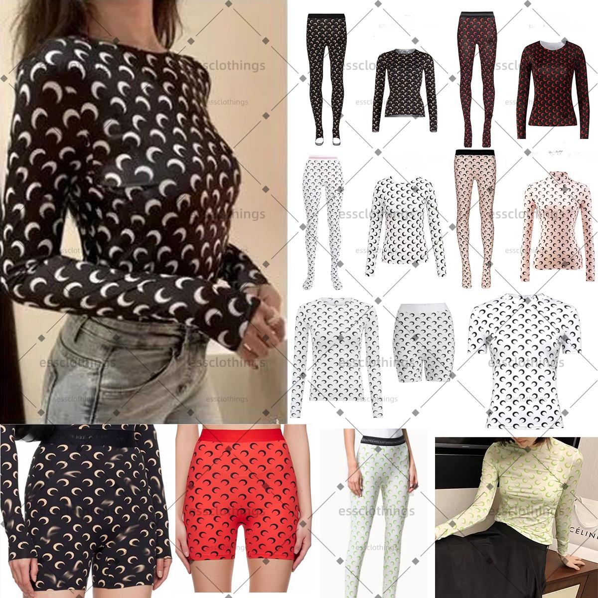 Marines Designer Womens T shirt Moon Print 2 Pc Set High Neck Crescent Graphic Ice Silk Slimming Sexy Bodycon High Waist Slim White Black Leggings