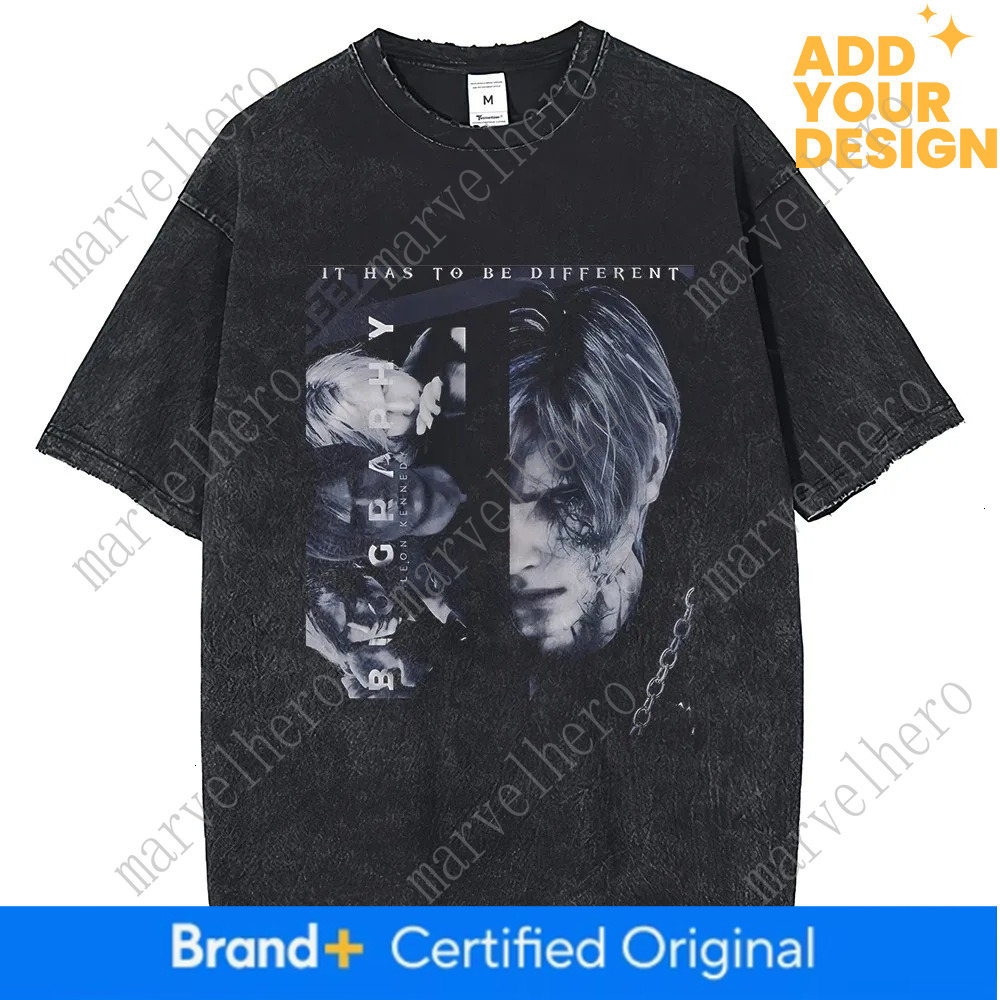 Game Leon S Kennedy Portrait Printed Short Sleeve T Shirt Harajuku Vintage Wash Men S Loose Round Clothing