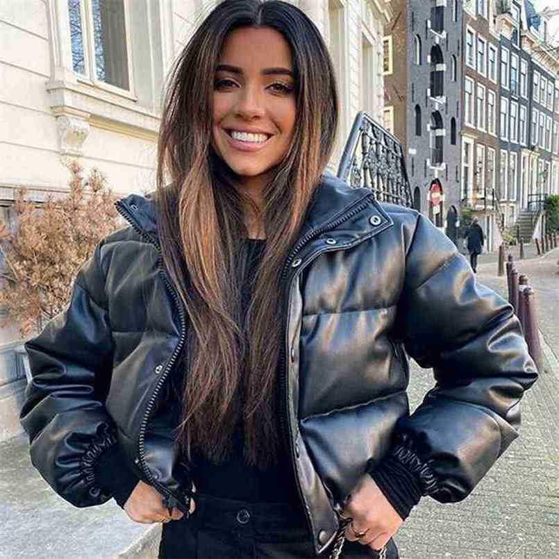 Winter Zoki Thick Women Short Parkas Warm PU Leather Coats Black Cotton Padded Female Down Jacket Elegant Clothes S261014M0ES