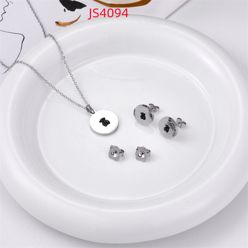 Mode femmes argent or acier inoxydable ours dessin animé coeur noir Zircon rond perle pendentif collier boucles d'oreilles ensembles bijoux