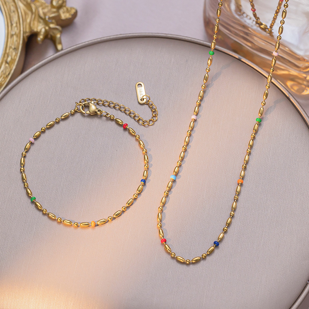 French Style Light Luxury Rainbow Glaze Titanium Steel Necklace For Women Fashionable Versatile High-End Clavicle Chain New Exquisite Set