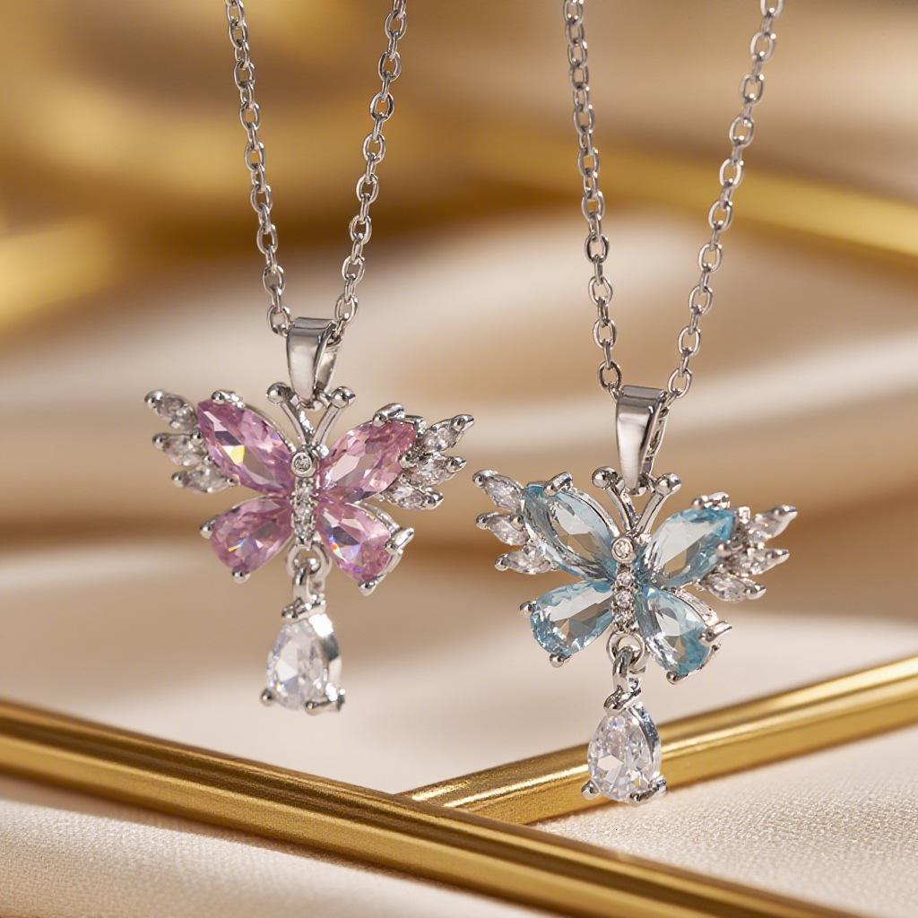 Light Luxury, Gentle Style, Ice Blue Pink Tassel Butterfly Necklace, Delicate Fashionable, Exuding High-End And Elegant Vibe, Perfect For A Clavicle