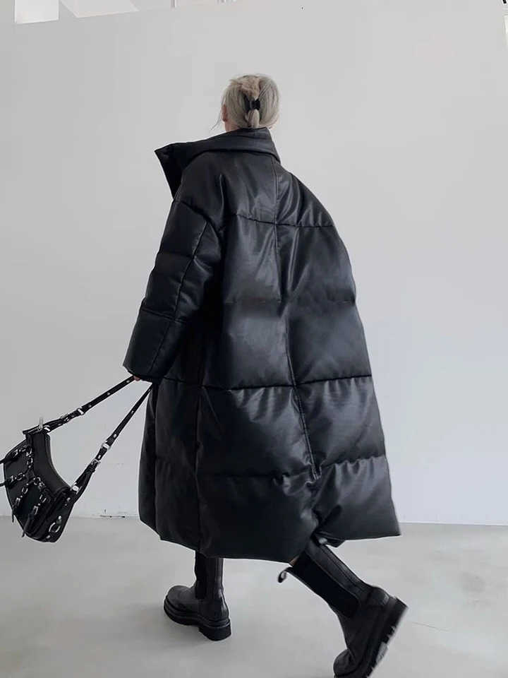 Long Winter Pu Leather Down Jacket Female Black Thick Warm Cotton Parka Outwears Women White Duck Down Length Down Jackets S261014UV6M