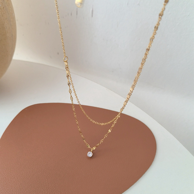 French Style Light Luxury Double Layer Water Wave Single Diamond Super Shiny Titanium Steel Necklace For Women Versatile Minimalist High-End Choker
