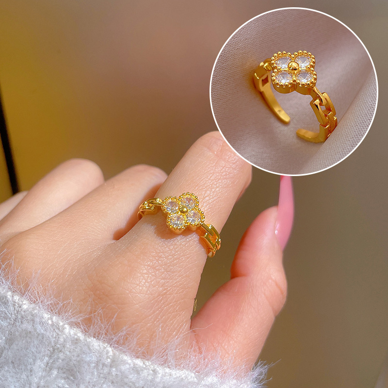 New Lucky Clover Micro-Inlaid Open Ring For Women, Elegant Fashionable Light Luxury Flower Design, Sweet And Exquisite Hand Jewelry