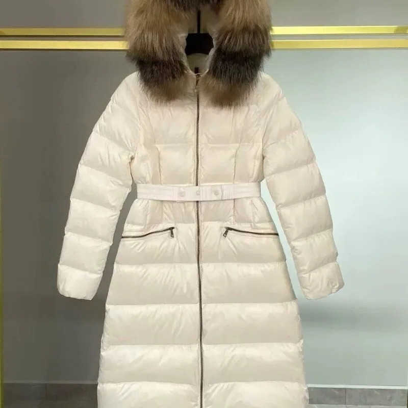 Large Winter Fur Collar Belt Thickened White Duck Down Jacket Womens Midlength Coats Warm Slim Puffer Women S261014LOEW