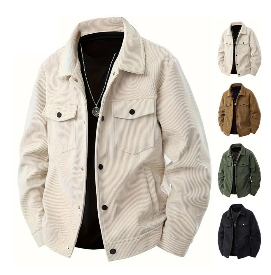 Designer men's corduroy button-up jacket, long-sleeved, lapel collar, single-breasted, with pockets, casual outerwear