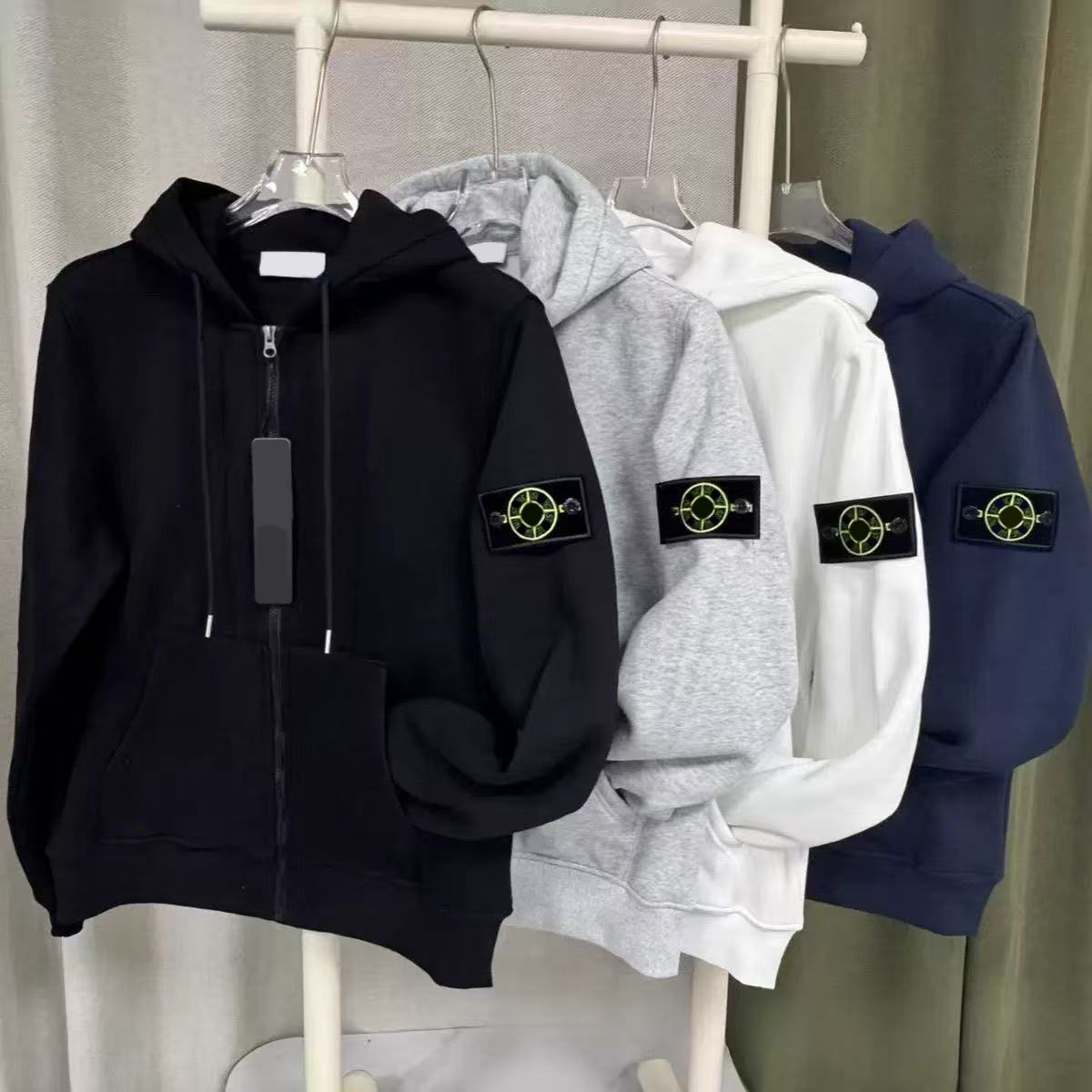 Men Zip Up Hooded Jacket, Detachable Arm Patch Badge, Drawstring Hood With Kangaroo Pocket, Multi Colors, Autumn Winter Cotton Blend Hoodie