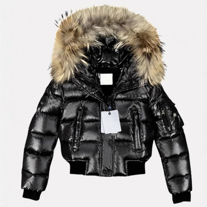 Designer Women's Down Jacket Shiny Black Short Puffer Jacket With Big Natural Real Fur Collar Hood Winter Warm Bomber Coat Zip Pocket Outdoor P