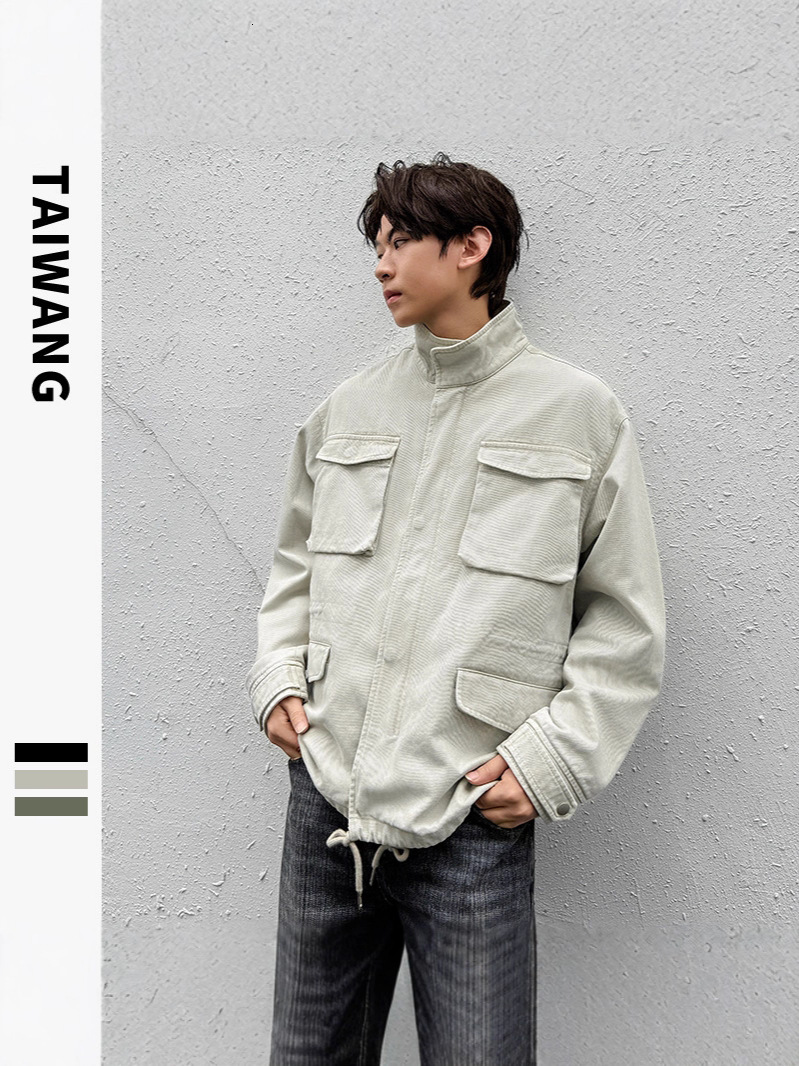 Thai King Men's Clothing | Washed Heavy Craftsmanship Retro Stand Collar Jacket Multi-Pocket Outdoor Solid Color Workwear Top for Men 78