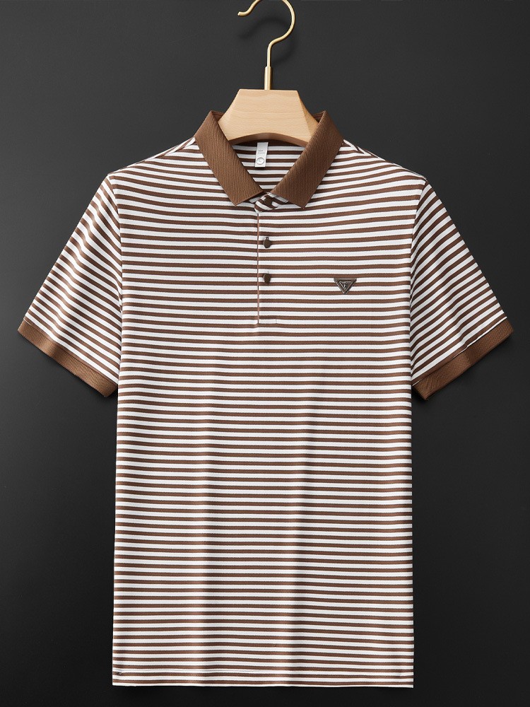 Designer Fashion High End Summer Ice Silk Cotton Striped Polo For Men Short Sleeved Slim Fit Business Casual Turn Down Collar T Shirt