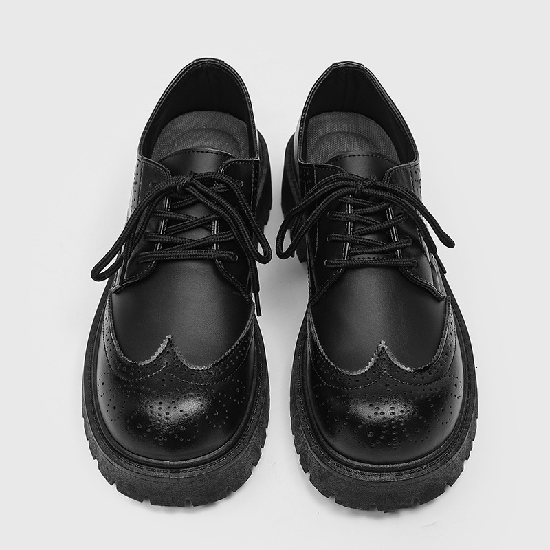 2026 New Low-Top, Thick-Soled, Height-Increasing Black Embossed Brogue-Style Casual Leather Shoes, Men's Z08