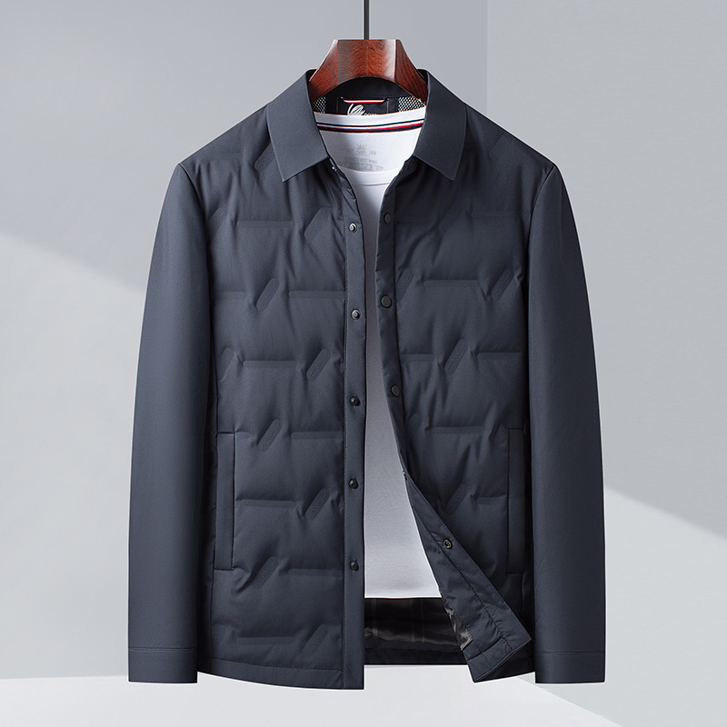 Men's Lightweight Down Jacket, Lapel Collar Thin Puffer Coat, Zip Up Solid Color Casual Business Winter Outerwear for Men