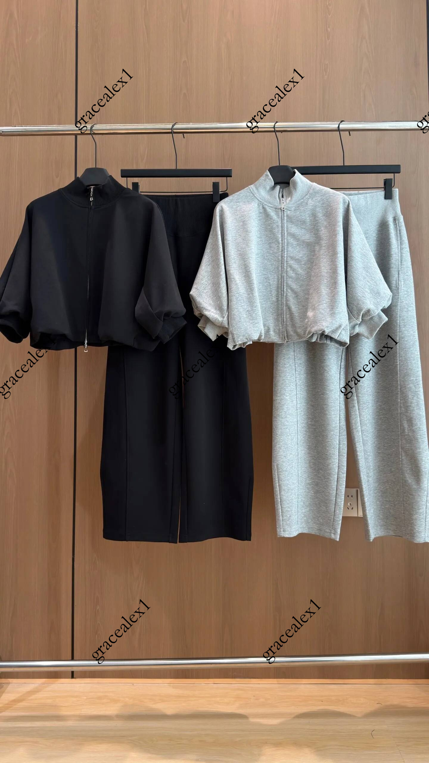 R Women's casual two piece set V neck zipper bubble sleeved short coat high waisted wide leg pants