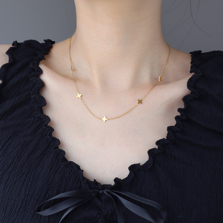 Lucky Four-Leaf Clover Flower Layered Simple Small Collarbone Chain Titanium Steel Color-Retaining Versatile Light Luxury Necklace Choker