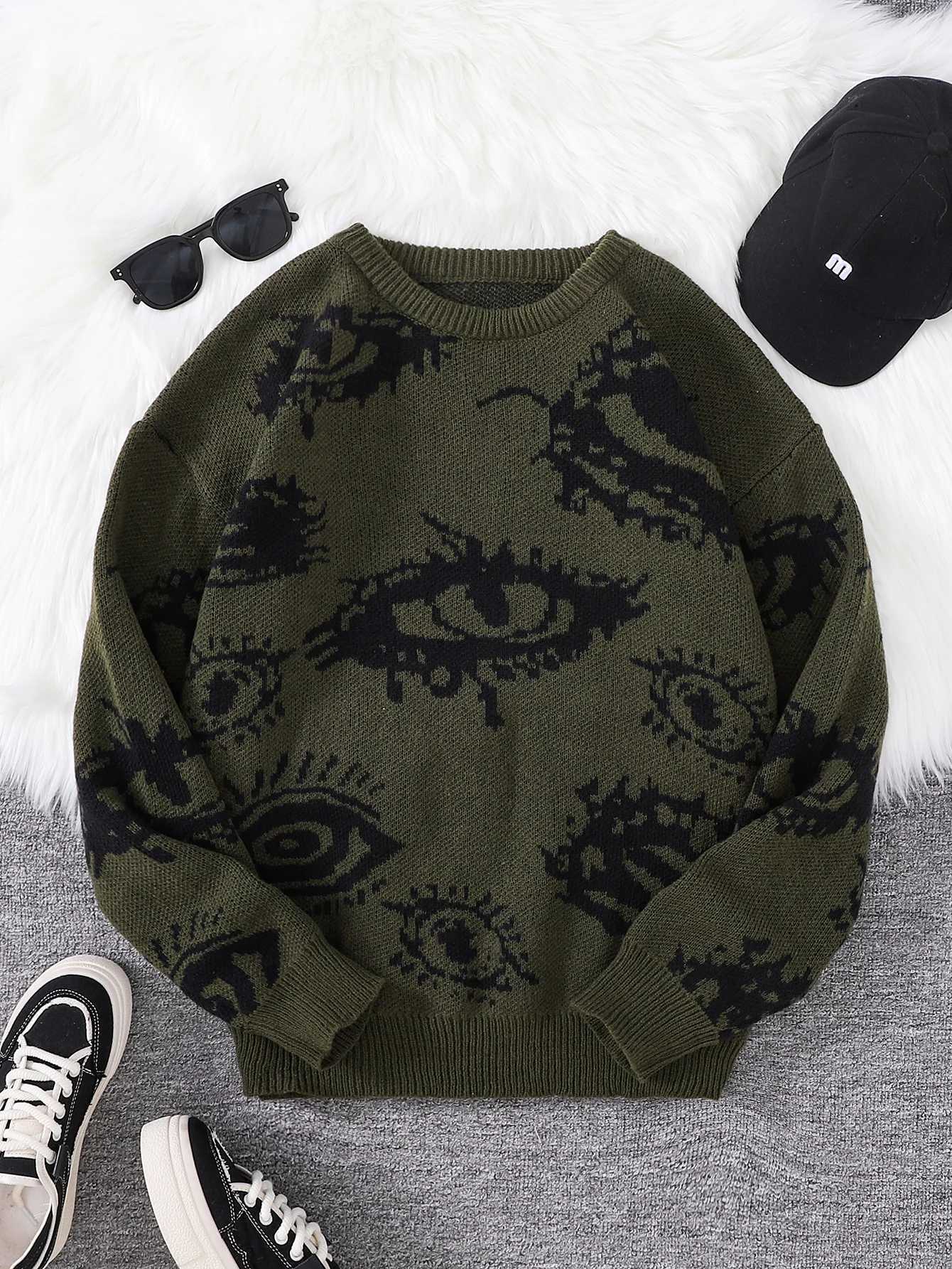 New Trendy Autumn and Winter Abstract Eye Jacquard Pattern Pullover Sweater Casual Round Neck Knitted Men's Q261015
