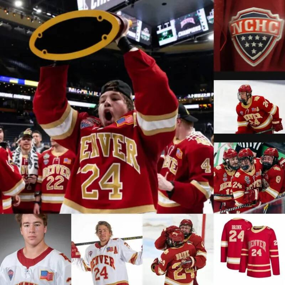 Vi8 NCHC Denver Pioneers 24 Bobby Brink Custom Hockey Jerseys Mens Womens Youth All Stitched
