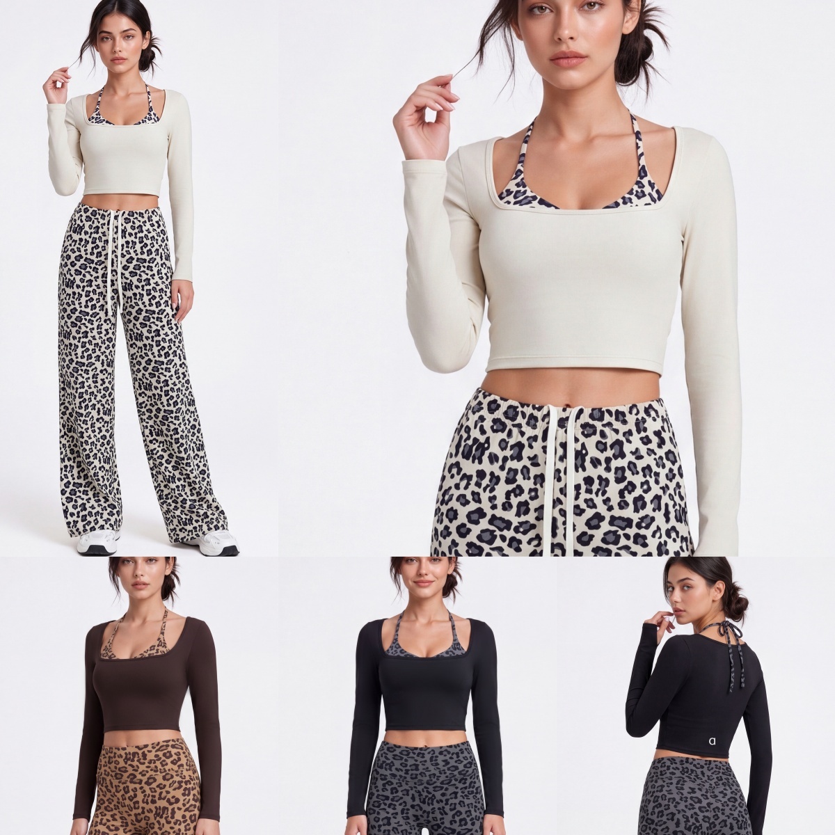 3135AO Fake Two Suspenders Hanging Neck Integrated Fitness Long Sleeve Shirts Leopard-print Yoga Shirts High Waist Yoga Bell Bottoms Exercise Fitnes