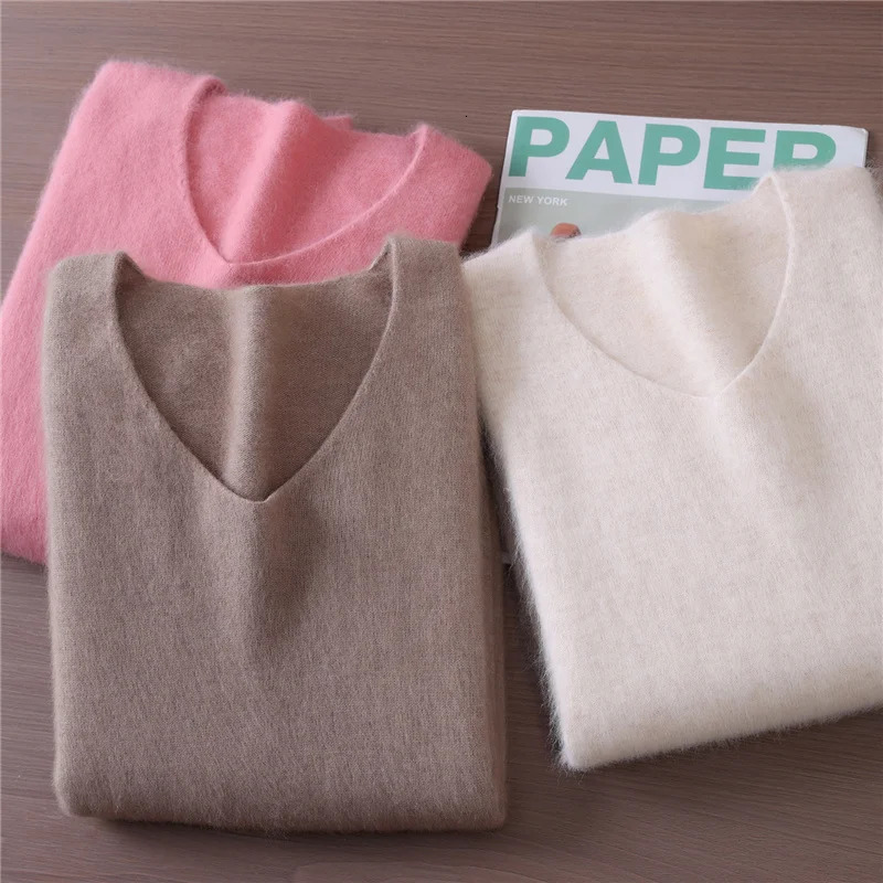 FallWinter Fashion Mink Cashmere Women's Vneck Pullover Bottom Shirt Slim Knitted Sweater Short Plus Size 261008