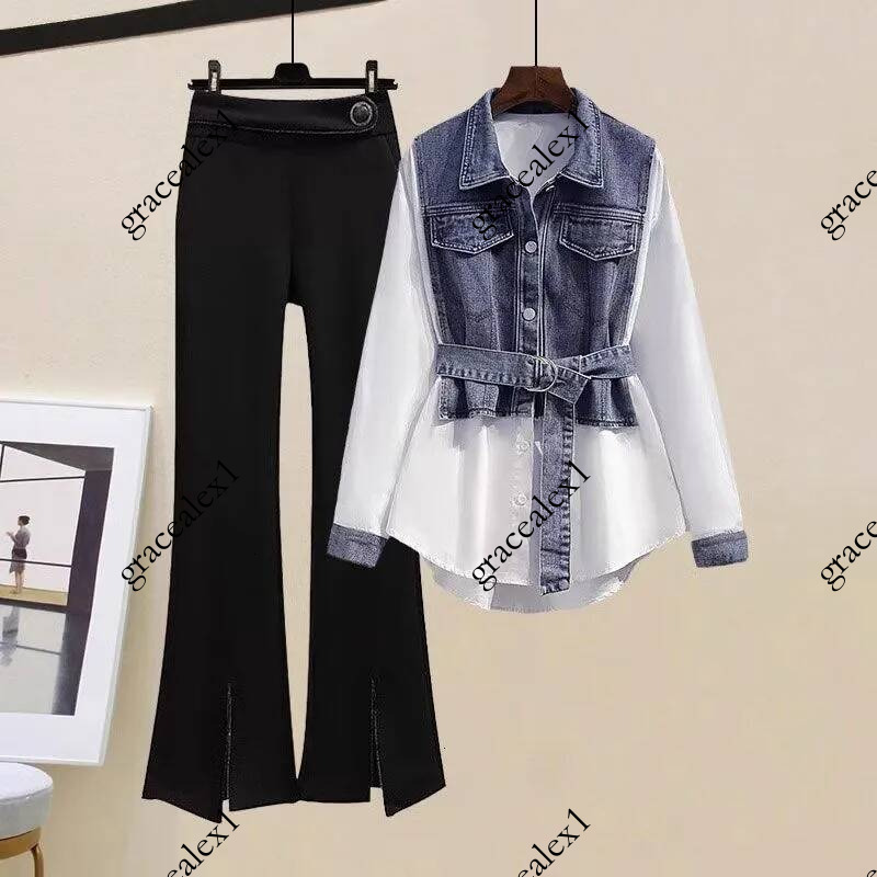 Spring and Autumn Fashion Patch Work Belt ShirtHigh Waist Jeans 2 piece Womens Clothing Set 240821