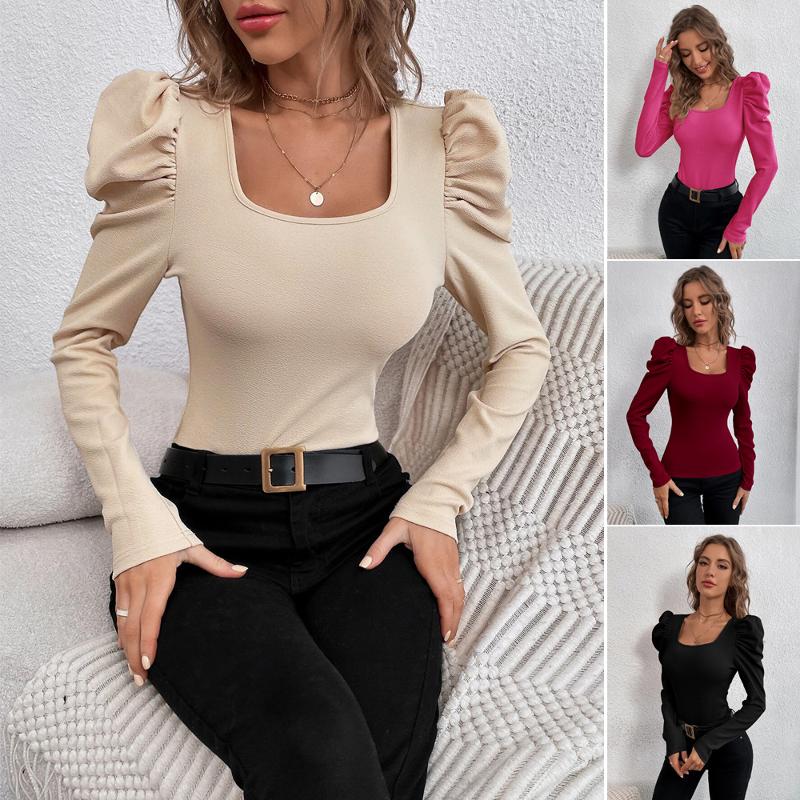 Haut à manches longues pour femmes, col carré, épaules bouffantes, Slim, ajusté, couleur unie, élégant, manches bouffantes froncées, décontracté,