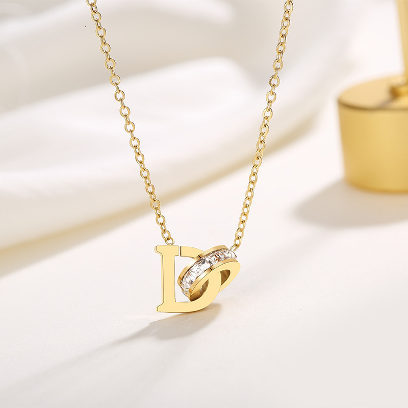 Korean Style D-Shaped Circle Diamond Titanium Steel Necklace For Women Fashion Versatile Collarbone Chain Internet Celebrity Trend 18K Gold High-End