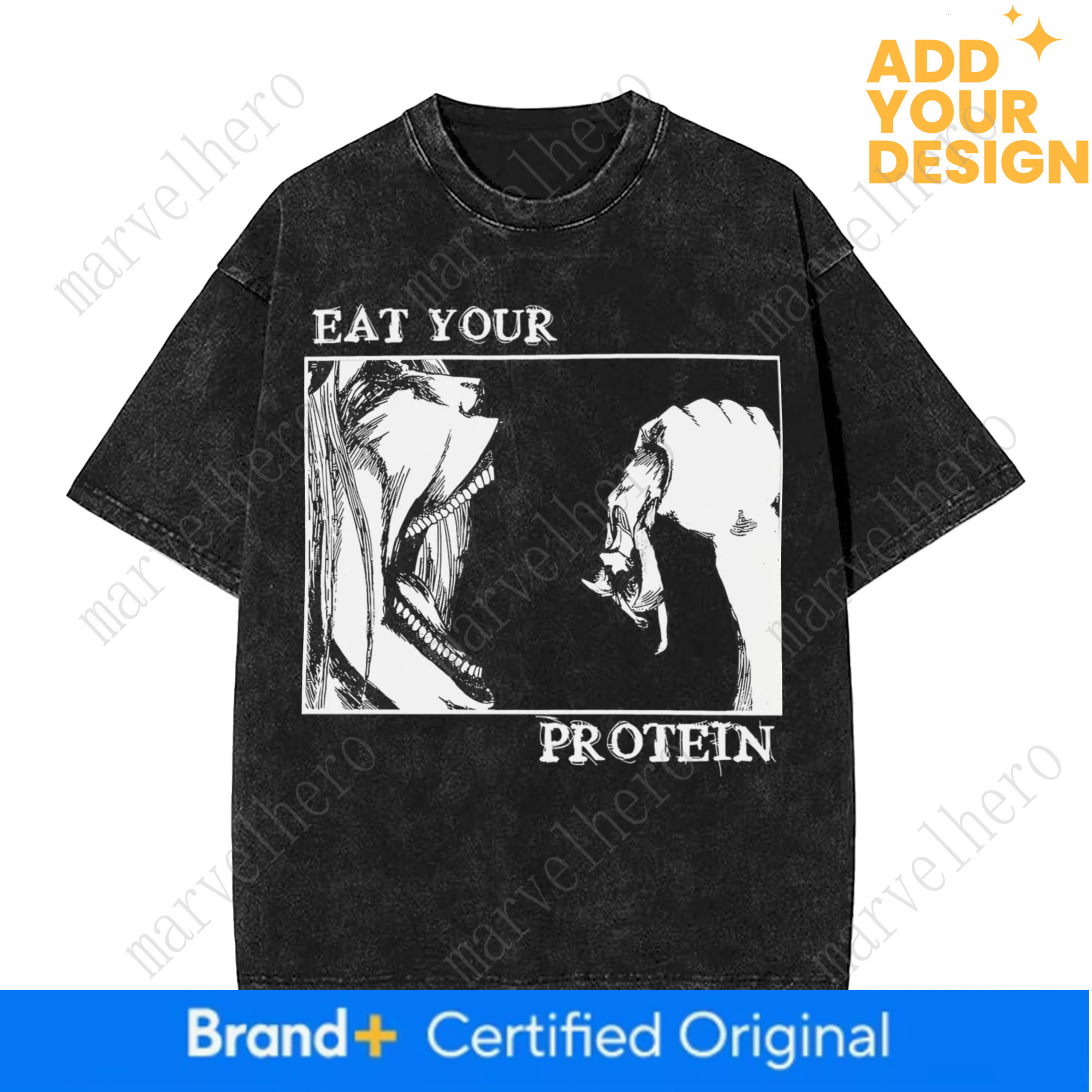 Washed Tshirts Eat Your Protein Aot Eren Yeager Attack On Titan Hip Hop Cool T Shirts Streetwear Tee Shirt Men Women