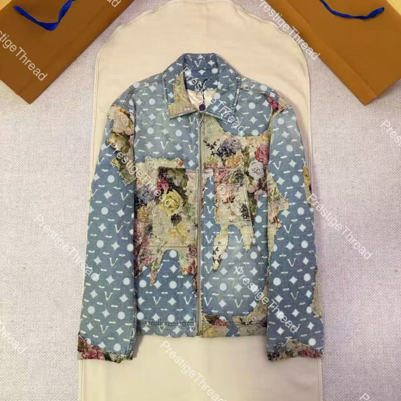 Vintage Rose Floral Patchwork Faded Denim Jacket Cotton Coat Designer High-Quality Men's Jackets Letter Full Print Floral Splice