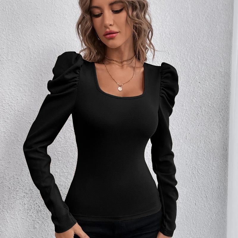 Haut ajusté à manches longues et col carré pour femme, haut froncé, épaules bouffantes, tissu tricoté doux et extensible, Slim, pull décontracté