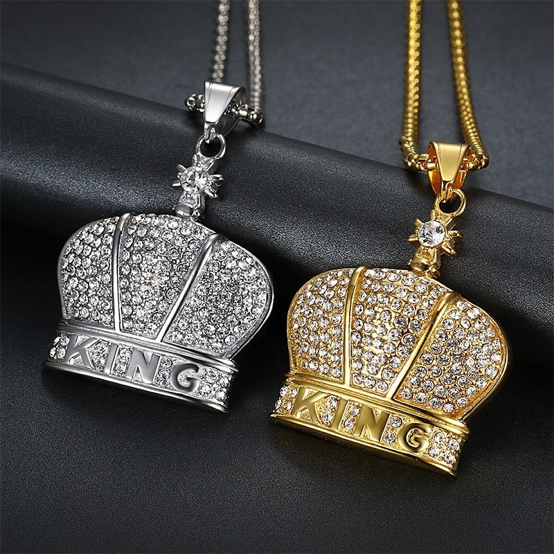 Trendy hip-hop jewelry popular in Europe and the US: 925 Sterling Silver diamond-encrusted KING crown pendant necklace