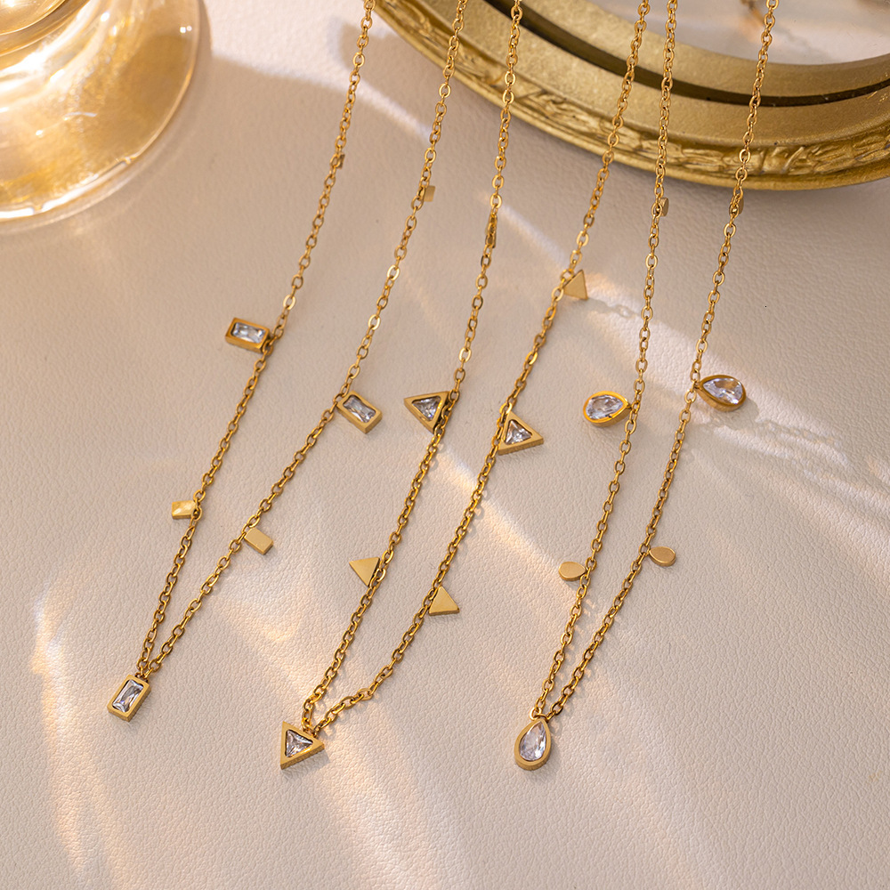 Spring Rhinestone Small Sequin Water Drop Triangle Titanium Steel Necklace For Women Simple Fashion Design Sense Light Luxury Collarbone Chain