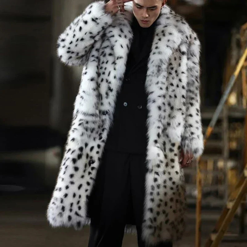 Leopard Men Winter Thick Hooded Faux Fur Coat Jacket Long Sleeve Warm y Black Parkas Bontjas Furry Shaggy Outerwear y261008