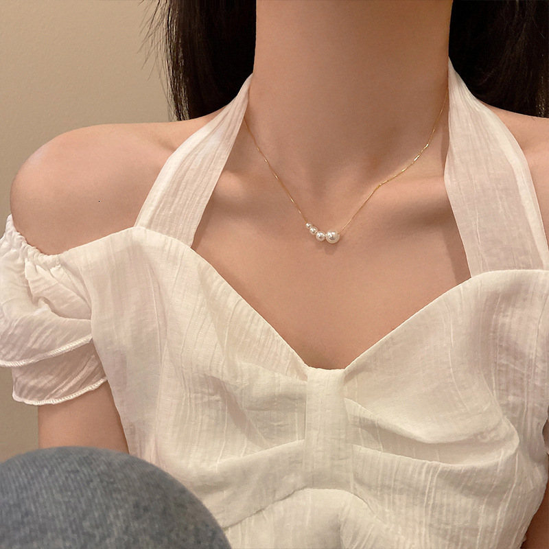 French Style Light Luxury Pearl Titanium Steel Snake Bone Necklace For Women Summer Versatile Collarbone Chain High-End Exquisite Ultra-Fine Non-Fad