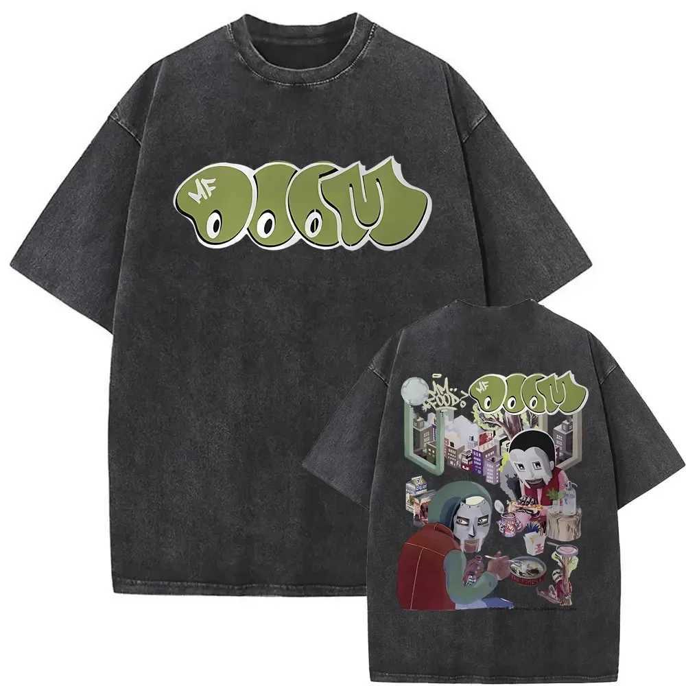 Street style casual T-shirt men's and women's hip-hop fashion short sve washed vintage rapper Mf Doom MM FOOD pattern T-shirt Q261015
