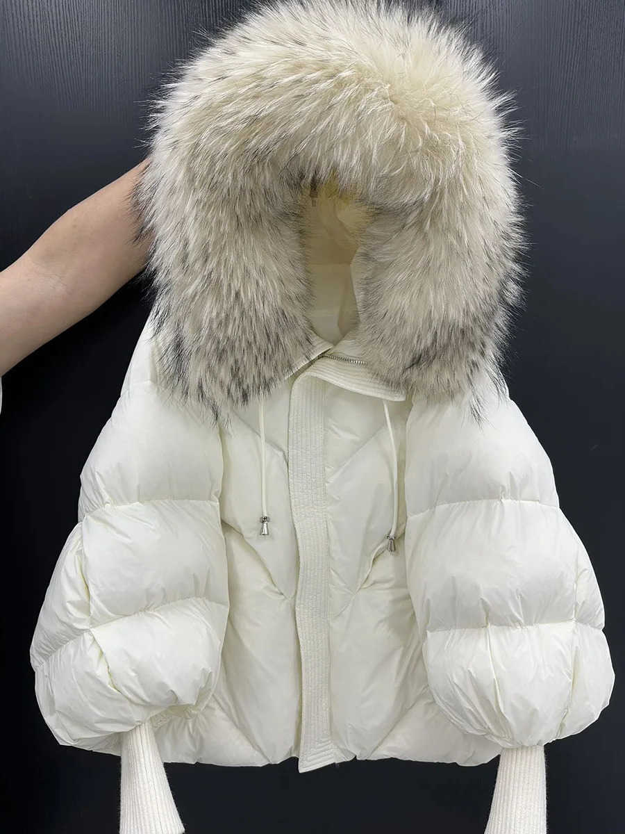 Hooded Winter Natural Large Fur Collar Down Jacket Women Short White Duck Down Outwear Female Lantern Slve Warm Jacket S26101475N3