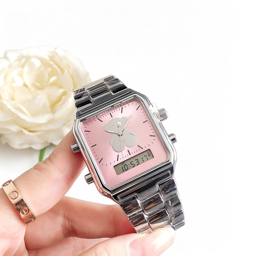 Hot Fashion Women Girls Silver Gold Pink Stainless Steel Round Span Cartoon Bear Square Electronic Watch Bracelets Jewelry Pulsera A Gift