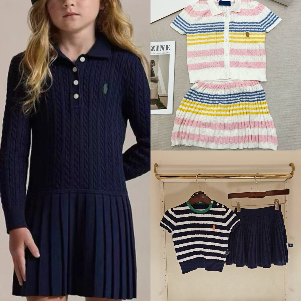 Spring Autumn Kids Designer Clothes Baby Girls Knitted Princess Dresses College Style Mini Pleated Skirt Lapel Neck Childrens Dress