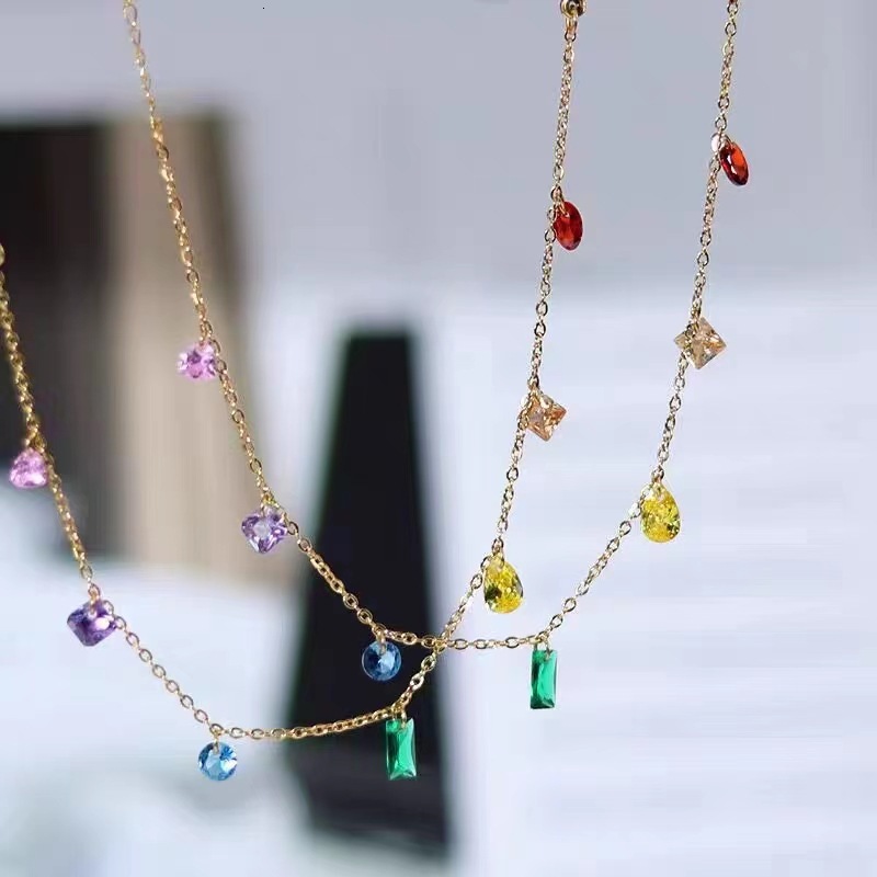 Midsummer Night's Dream Rainbow Diamond Titanium Steel Necklace For Women French Style High-End Luxury Trendy Collarbone Chain Versatile Non-Fa