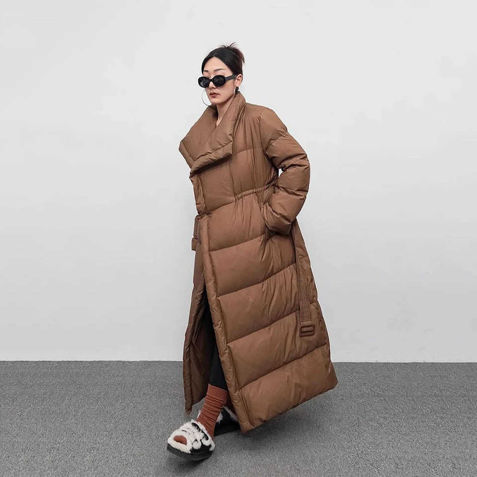 Large Winter Lapel Long Down Jacket Overcoat Women 90 White Duck Down Length Bread Cotton Quilt Jacket Warm Down Coat S261014PE60