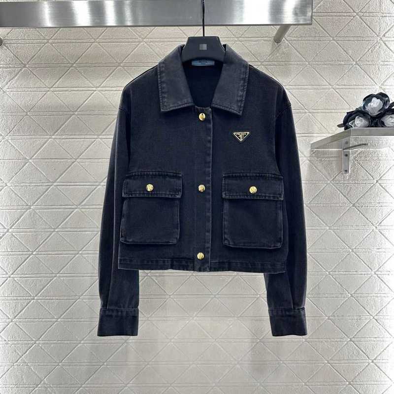 Women's Jackets Designer Women's Color-block Leather Collar Denim Jacket, Autumn Collection, Long-sleeved, Washed Finish, Versatile Workwe