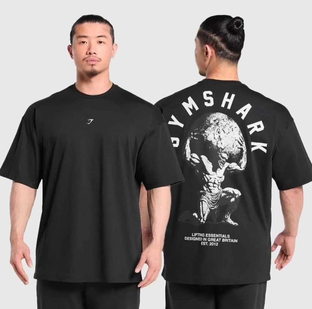 GYM Men's Loose Fitness Printed T-shirt Heavy Cotton Casual Sports Short Sve Street Style Top Q261015