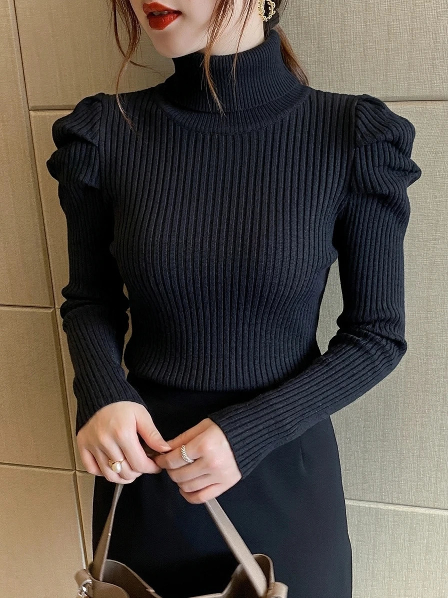Elegant Women Puff Shoulder Rib Knit Turtleneck Sweater Long Sleeve Slim Fit Casual Office Pullover 261008