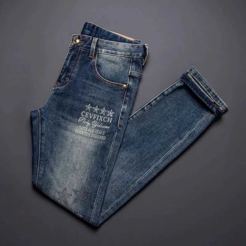 Men's Jeans New Spring/Autumn Fashion Trendy Printed Straight-Leg Stretch Denim Jeans Men's Casual Loose Sports High-Quality TrousersT2610