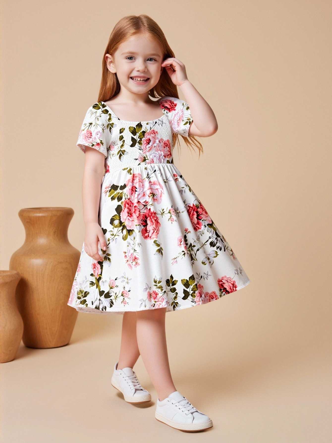 Casual Fashion Short-Sleeved Dress for Girls And Boys with Floral Pattern Square Neckline Ages 6-12 Daily Outfit S261016GHD8