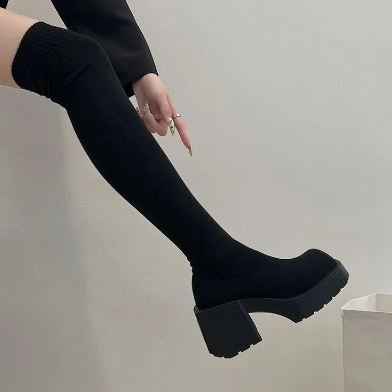Size 35-40 Winter Women's Over The Knee Sock Boots Stretch Knitted Thick Heels Long Boots Woman Slip On Platform Shoes 261016